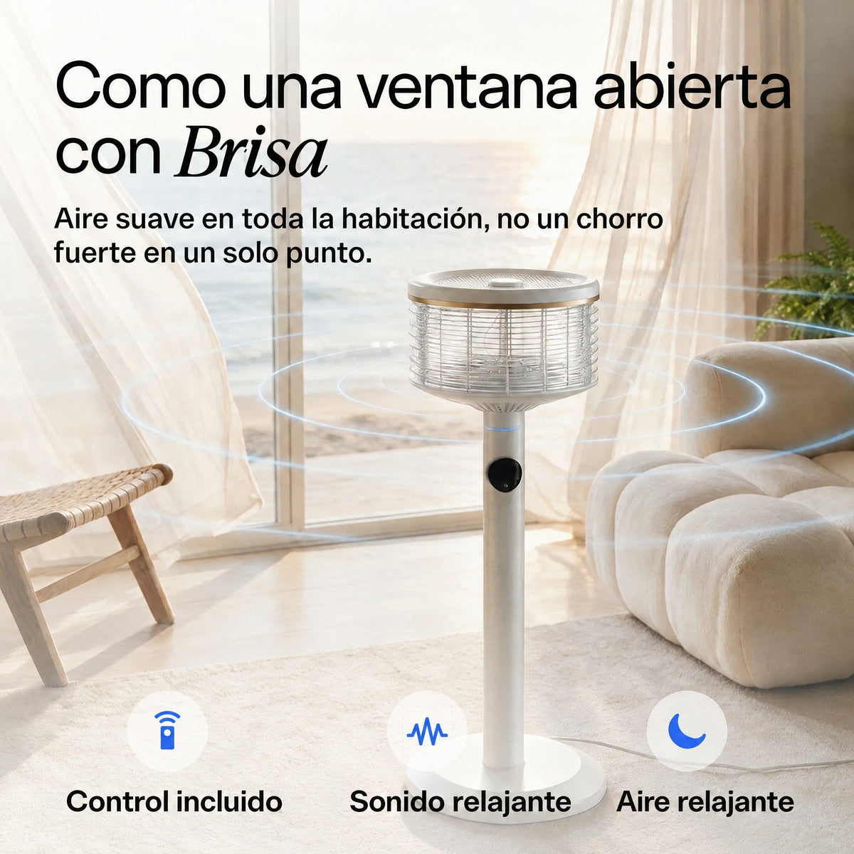 Ventilador Orbi360 blanco en una sala frente al mar, con control remoto, sonido relajante y aire suave