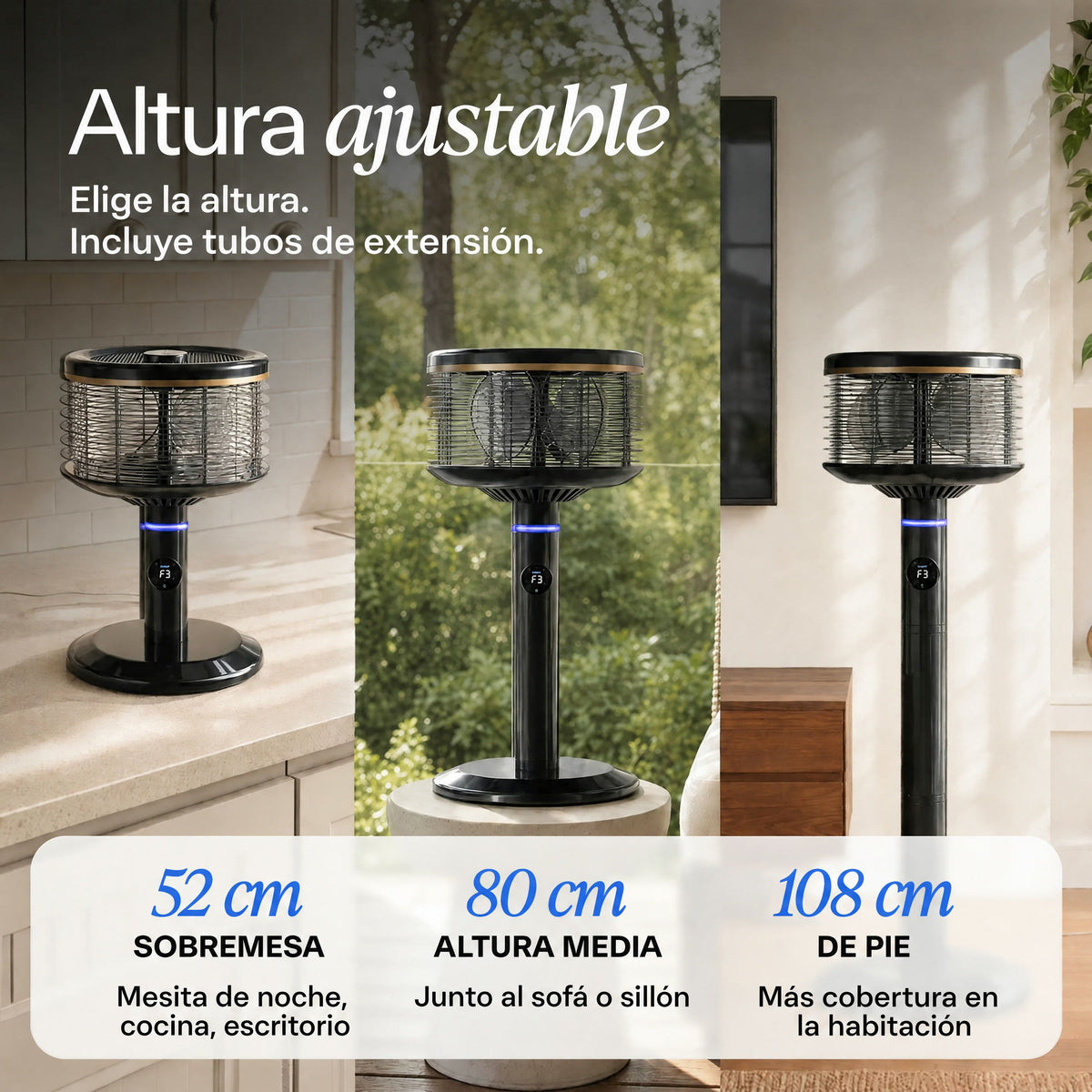 Tres alturas del ventilador Orbi360 negro: 52 cm de sobremesa, 80 cm de altura media y 108 cm de pie