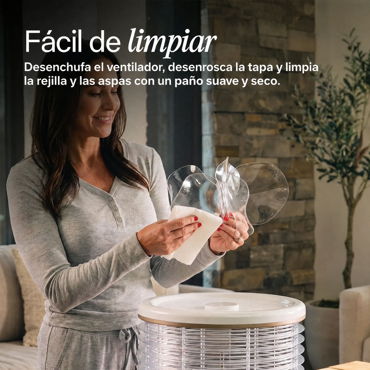 Mujer limpiando la rejilla y las aspas del ventilador Orbi360 con un paño suave y seco