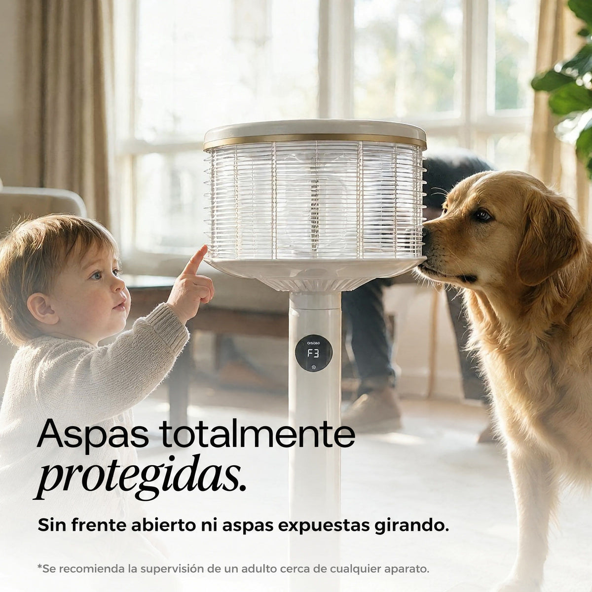 Niño y perro junto al ventilador Orbi360 blanco con las aspas totalmente protegidas