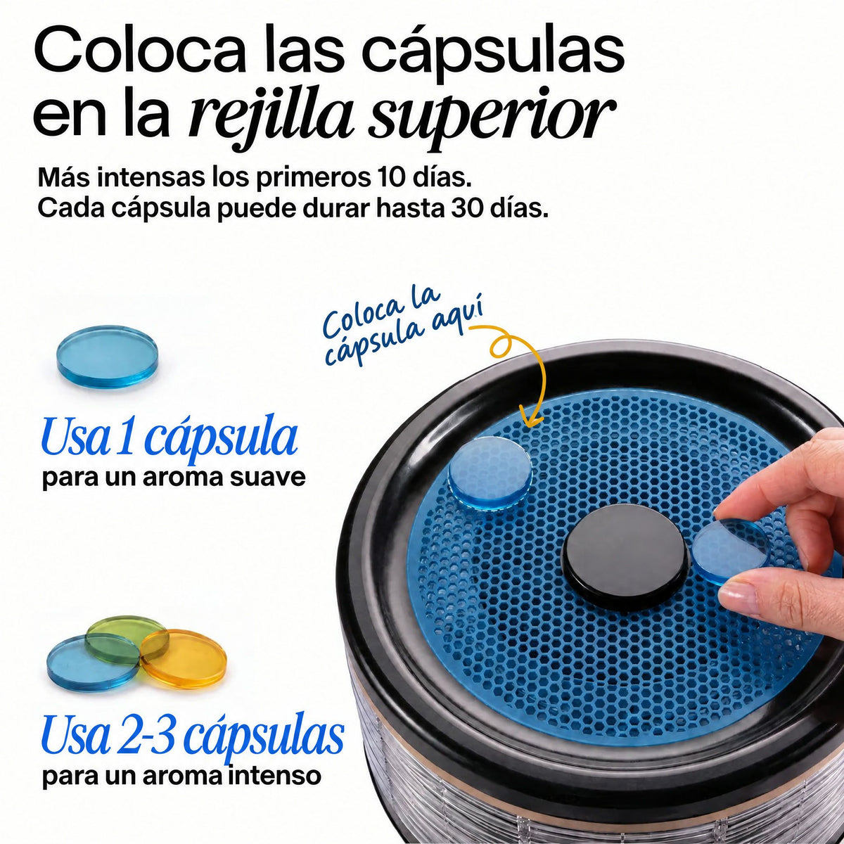 Cómo colocar las cápsulas aromáticas en la rejilla superior del Orbi360: 1 para aroma suave, 2 o 3 para intenso