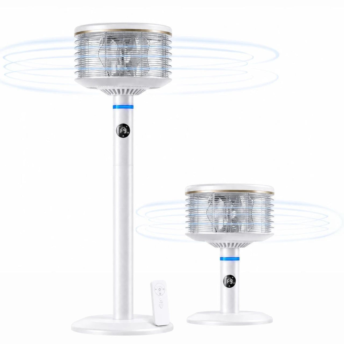 Ventilador Orbi360 blanco en versión de pie y de sobremesa, con control remoto, sobre fondo blanco