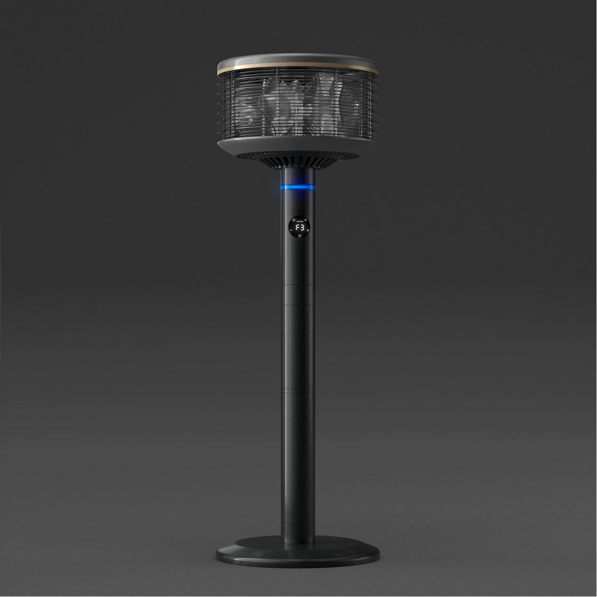 Ventilador de pie Orbi360 negro con flujo de aire 360°, vista frontal sobre fondo gris