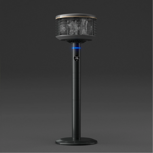 Ventilador de pie Orbi360 negro con flujo de aire 360°, vista frontal sobre fondo gris