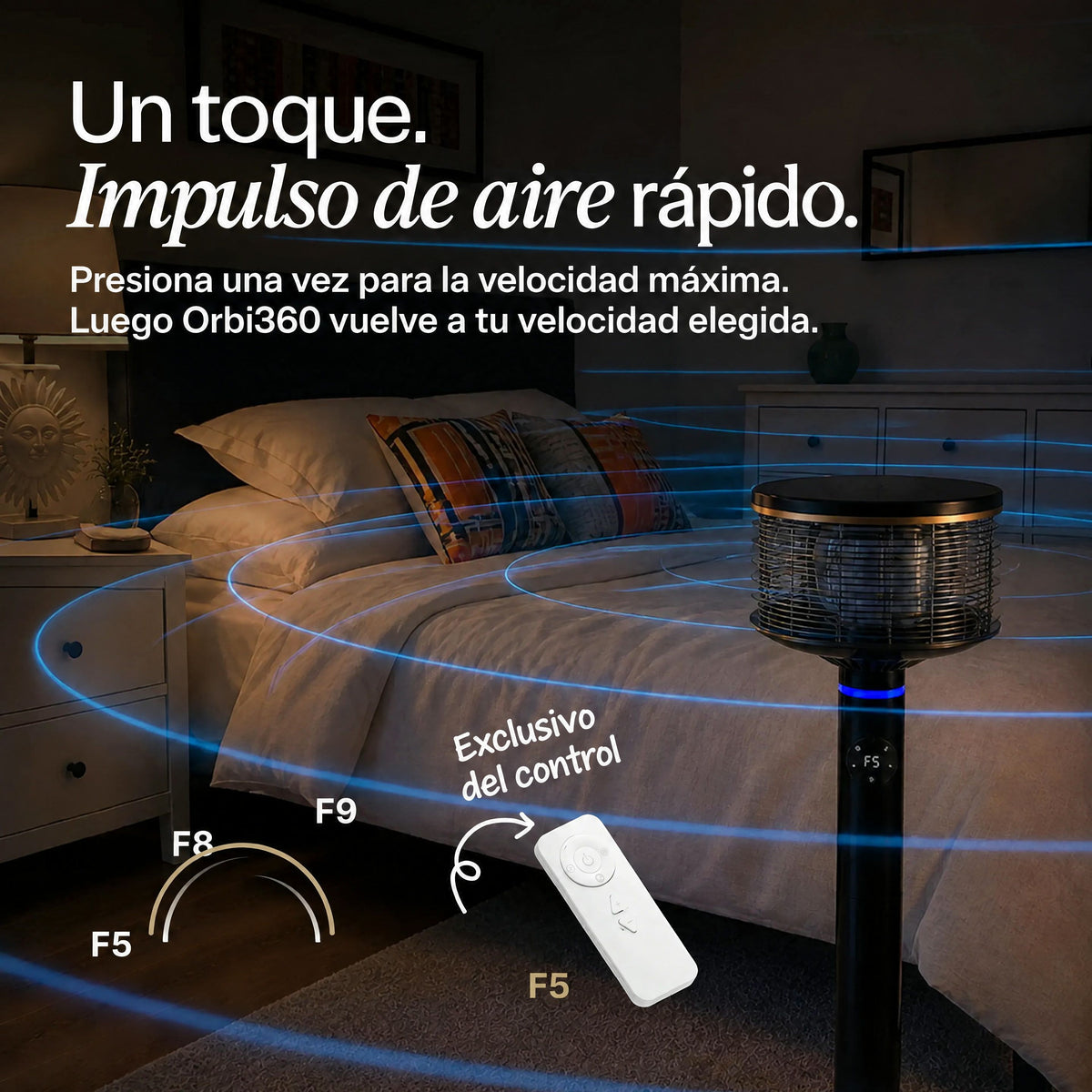 Ventilador Orbi360 negro y su control remoto con botón de impulso de aire a velocidad máxima