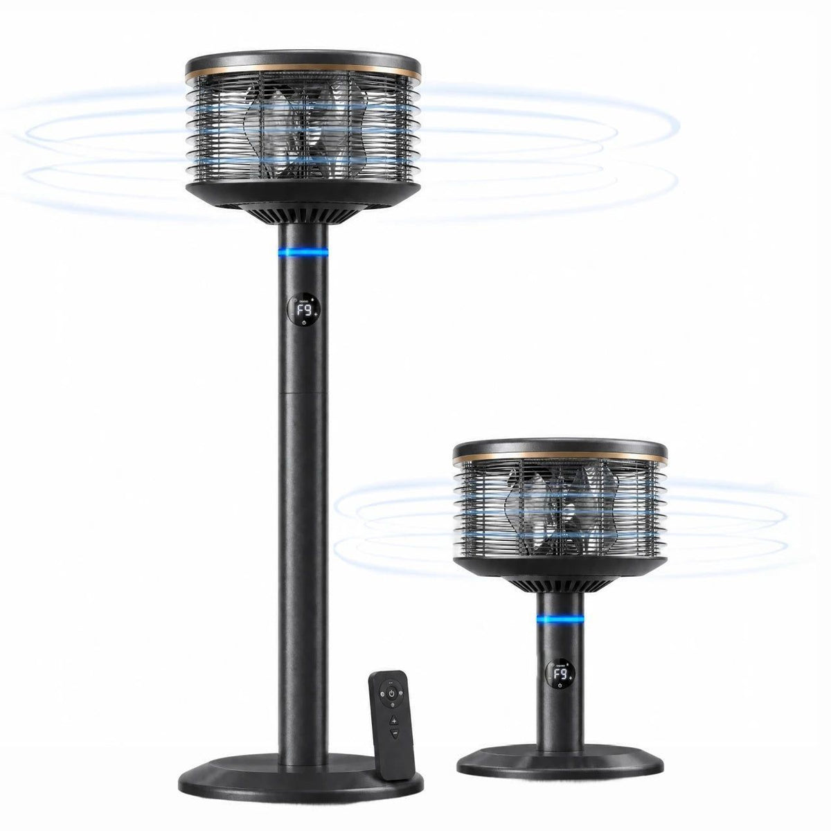 Ventilador Orbi360 negro en versión de pie y de sobremesa, con control remoto, sobre fondo blanco